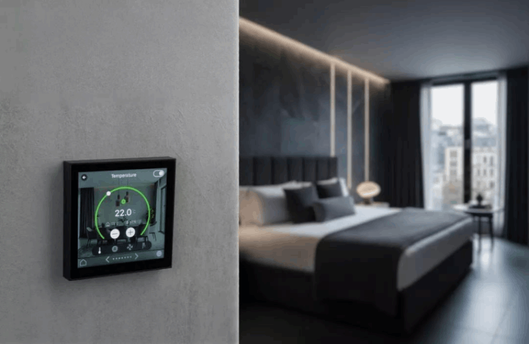Smart hotel thermostat controlling luxury bedroom temperature.