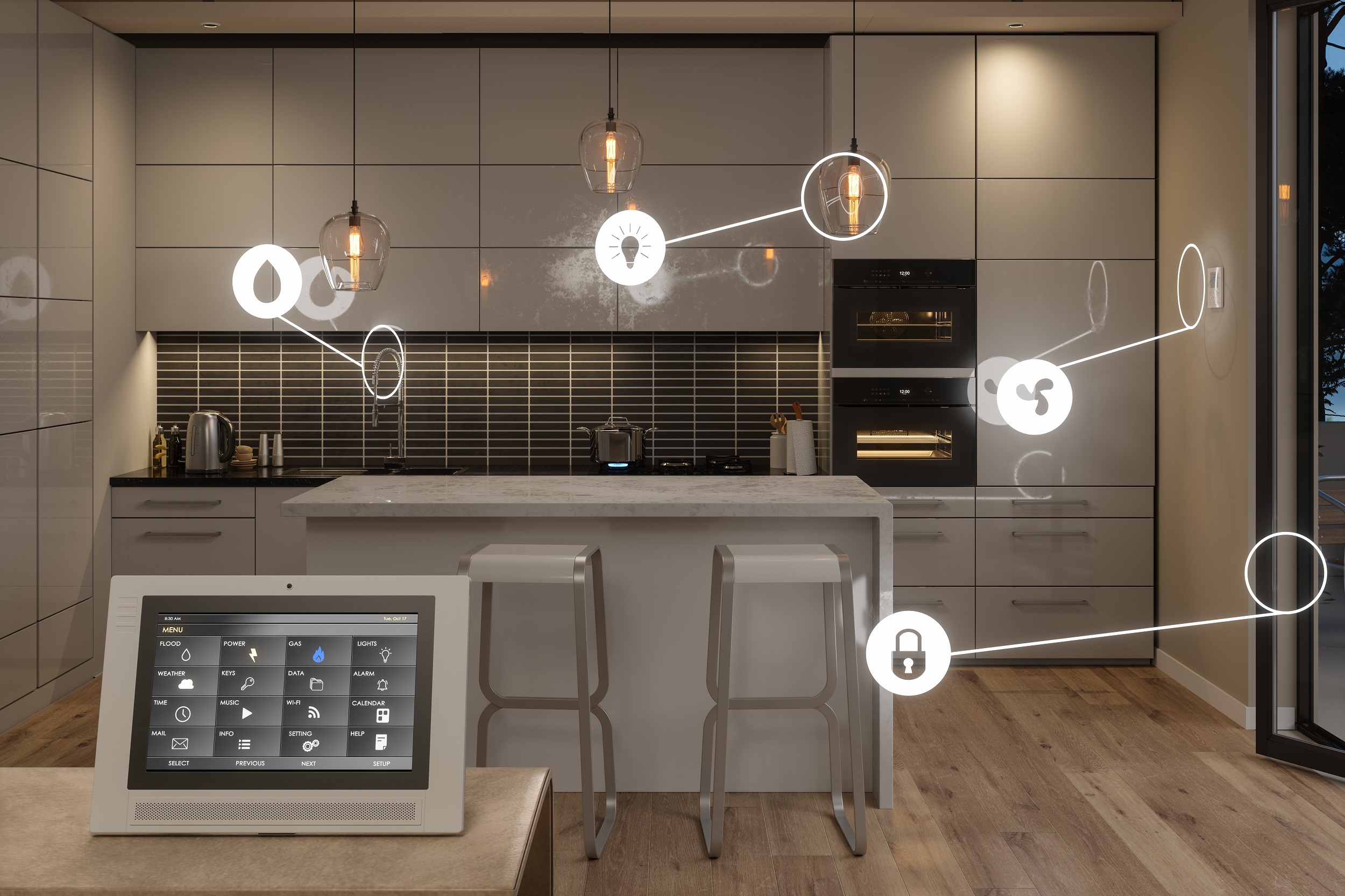 Integrated smart home control system in modern kitchen.