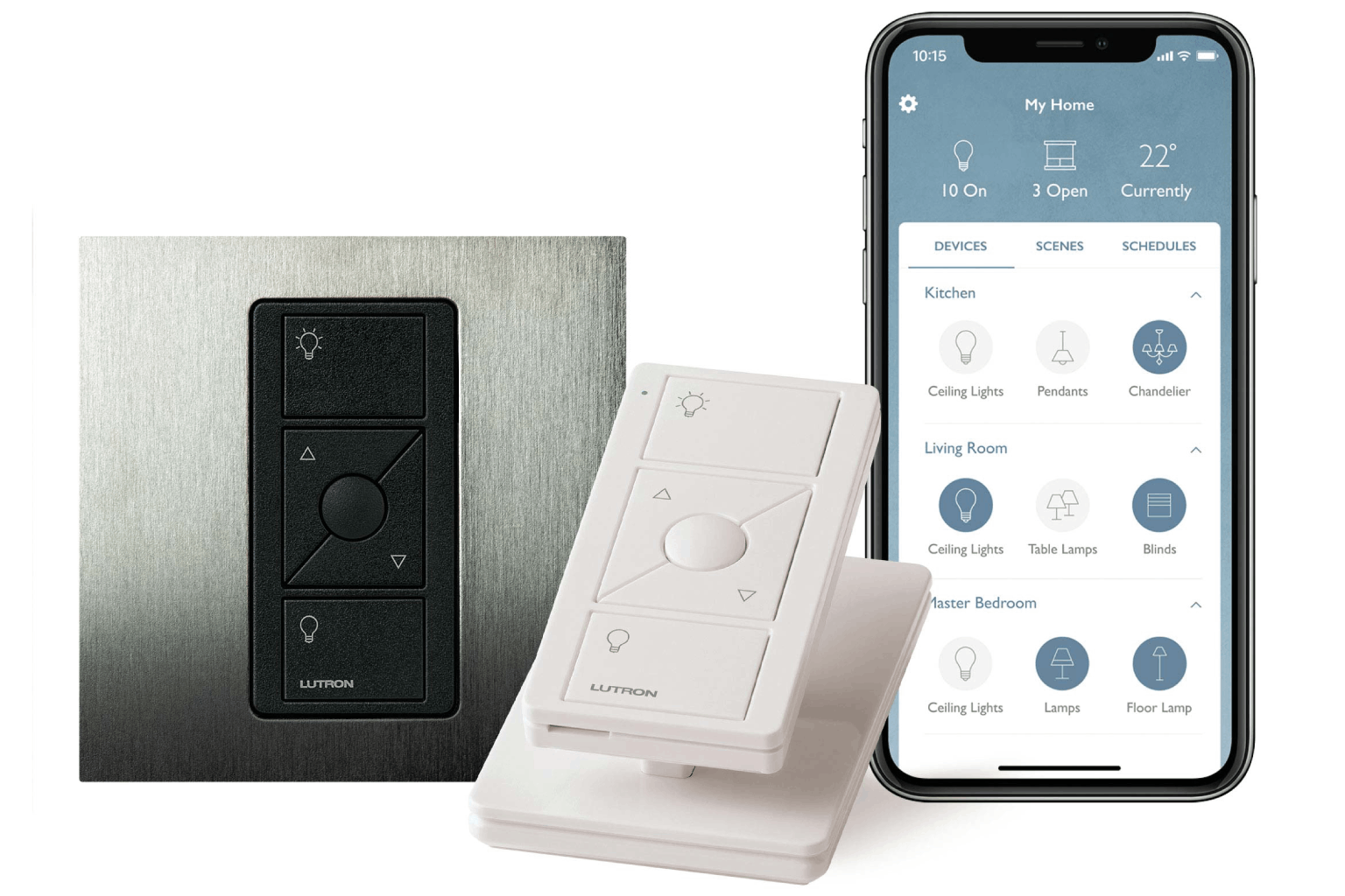 Lutron Pico wireless dimming remotes and smartphone app.