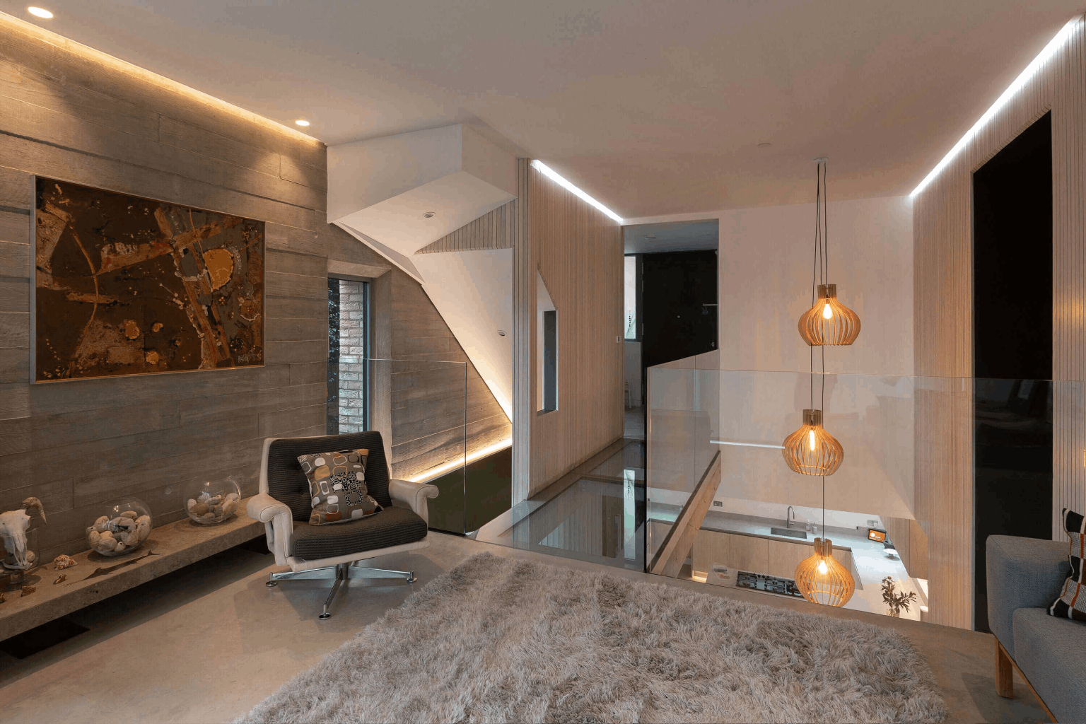 Modern interior with integrated linear LED ceiling lighting.