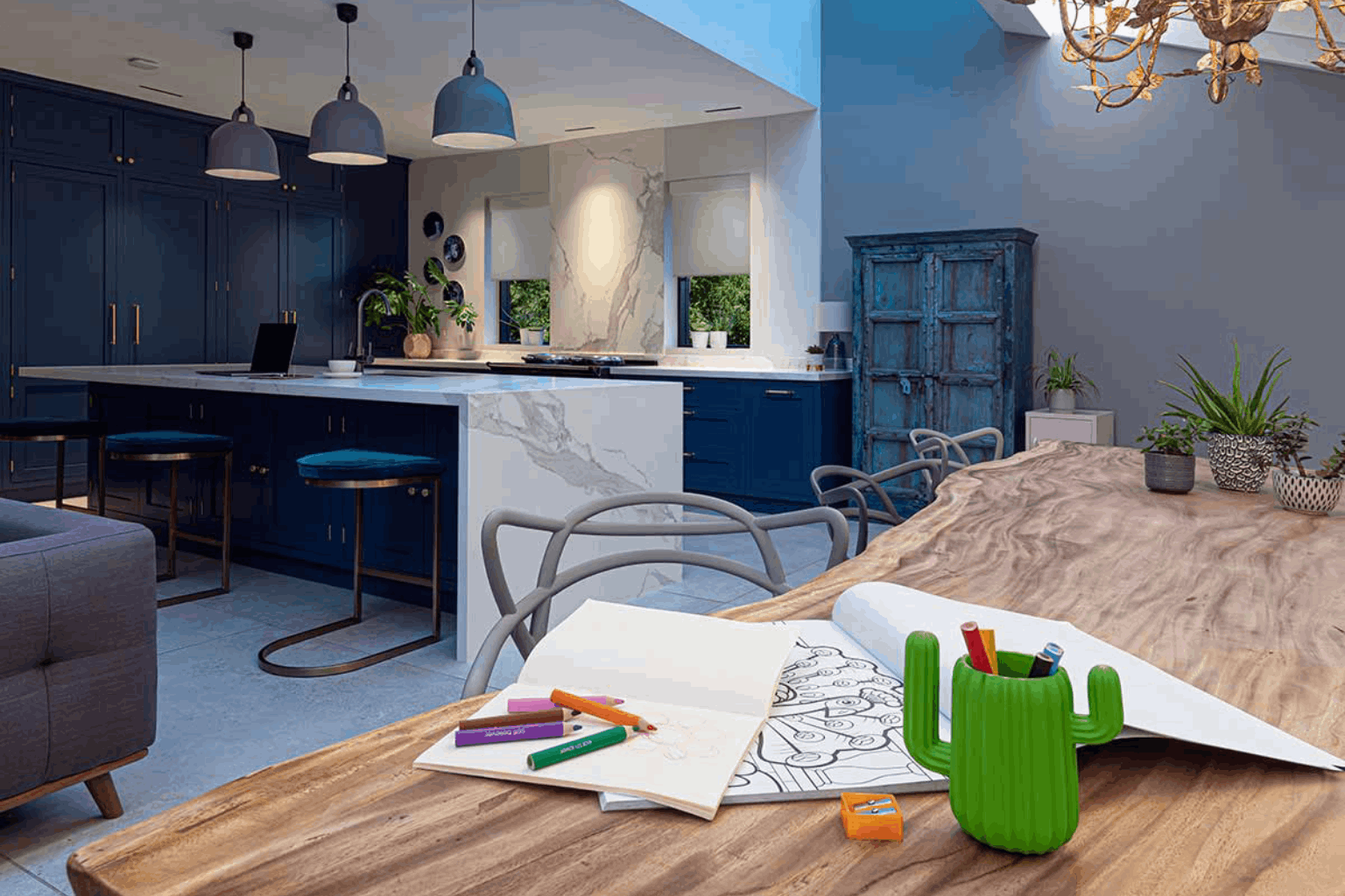 Modern luxury kitchen with integrated smart lighting installation.
