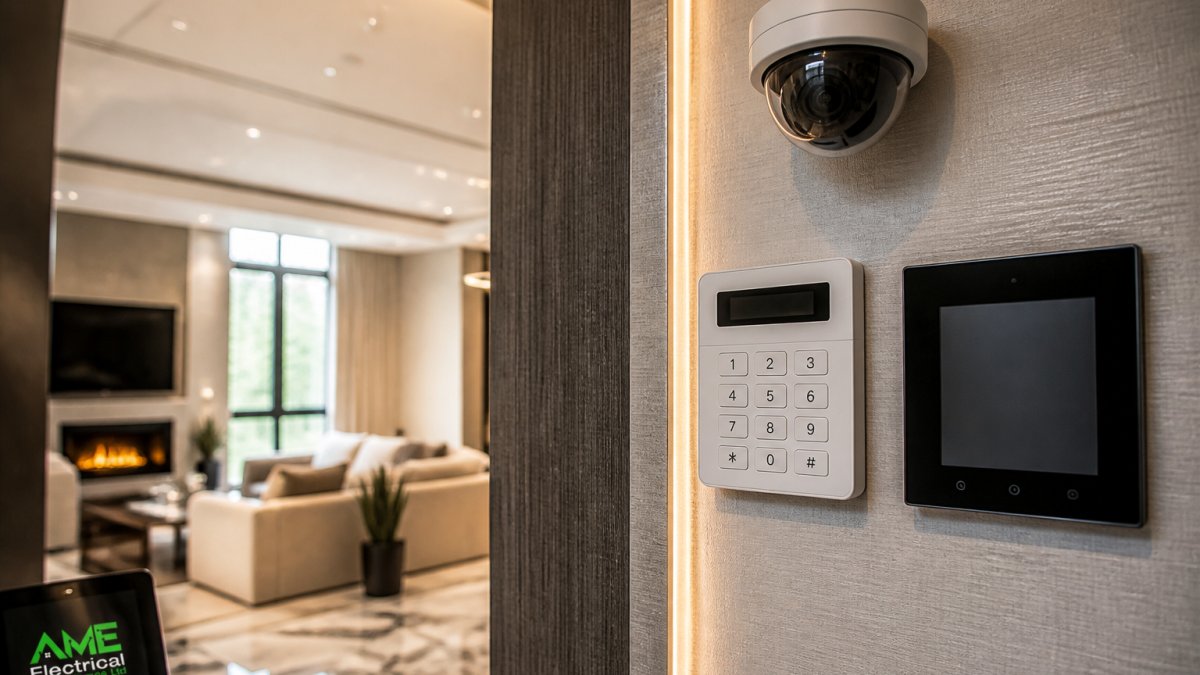 Modern luxury home interior with integrated security keypad, CCTV monitor display, and sleek control panel embedded in contemporary wall design, professional lighting highlighting smart home integration