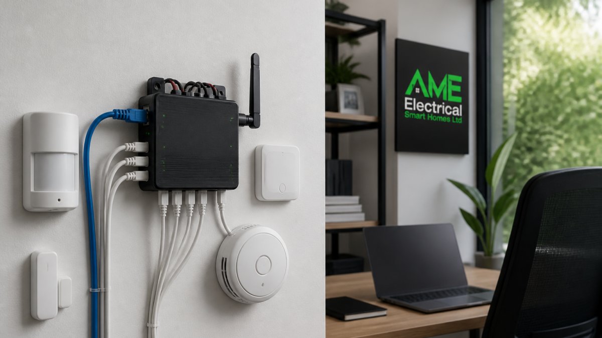 Professional smart home hub device mounted on wall with visible security sensor connections and ethernet cable in modern home office with natural window lighting