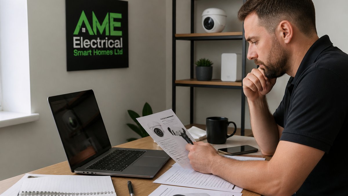 Homeowner reviewing CCTV camera specifications on a laptop screen in a modern home office, with a security camera visible on a shelf beside the computer