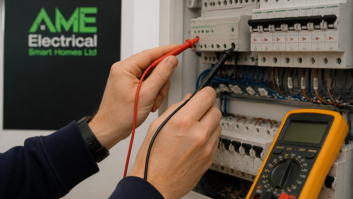 Close-up of an electrician's hands using a digital multimeter on a KNX bus terminal inside a distribution board, with labelled cables and test leads visible