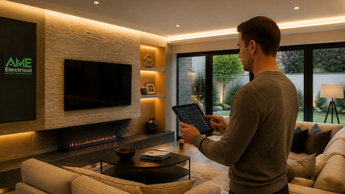 Modern living room with warm ambient lighting from integrated system, homeowner holding tablet control panel, contemporary interior with layered lighting zones