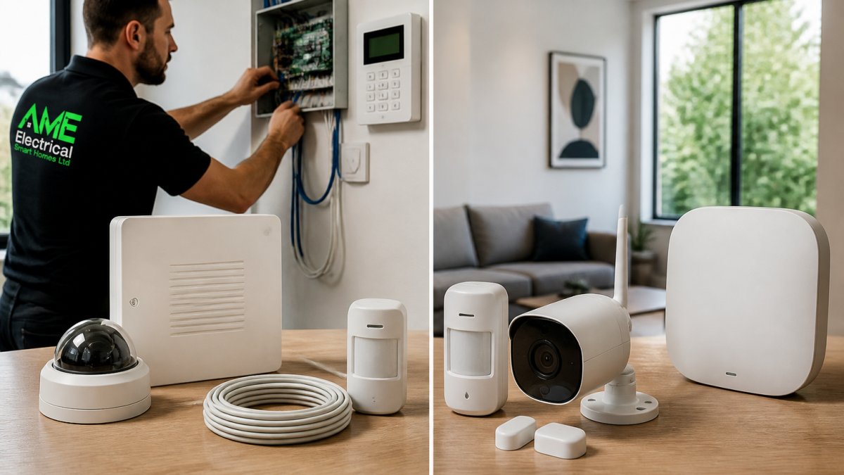 Professional electrician installing wired security system components in modern home with visible cabling and control panel during installation, natural daylight through windows