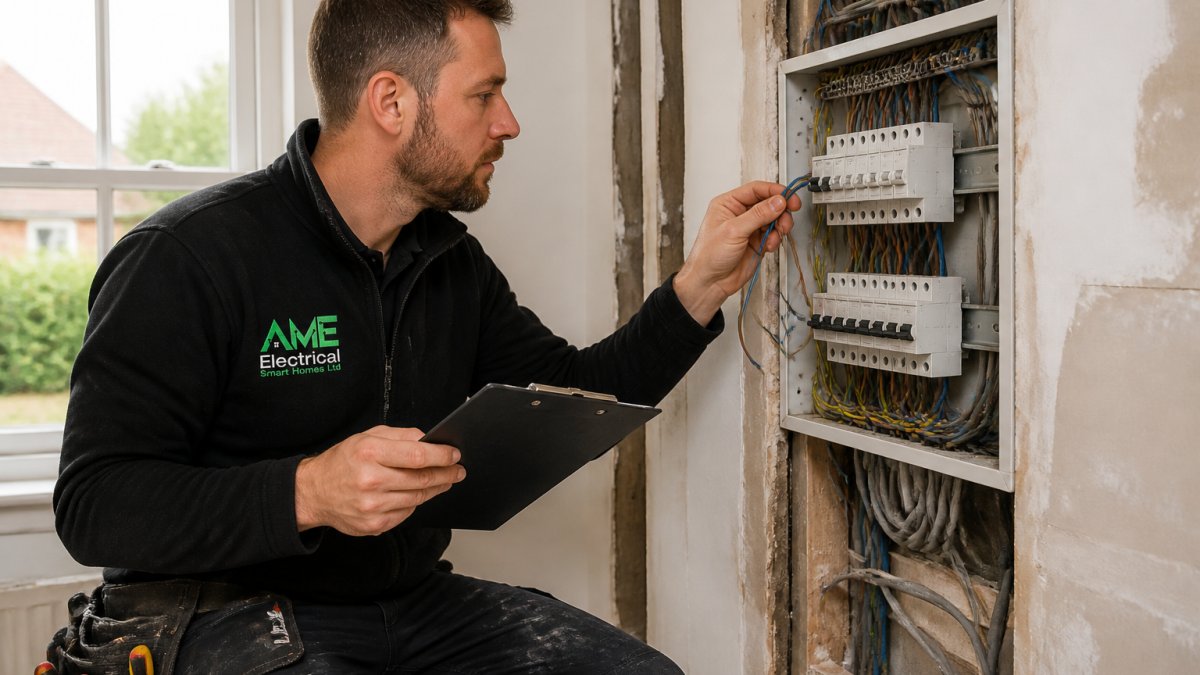 Electrician in work uniform inspecting an electrical panel and exposed wiring in a residential property, holding a clipboard and examining cable connections in natural daylight