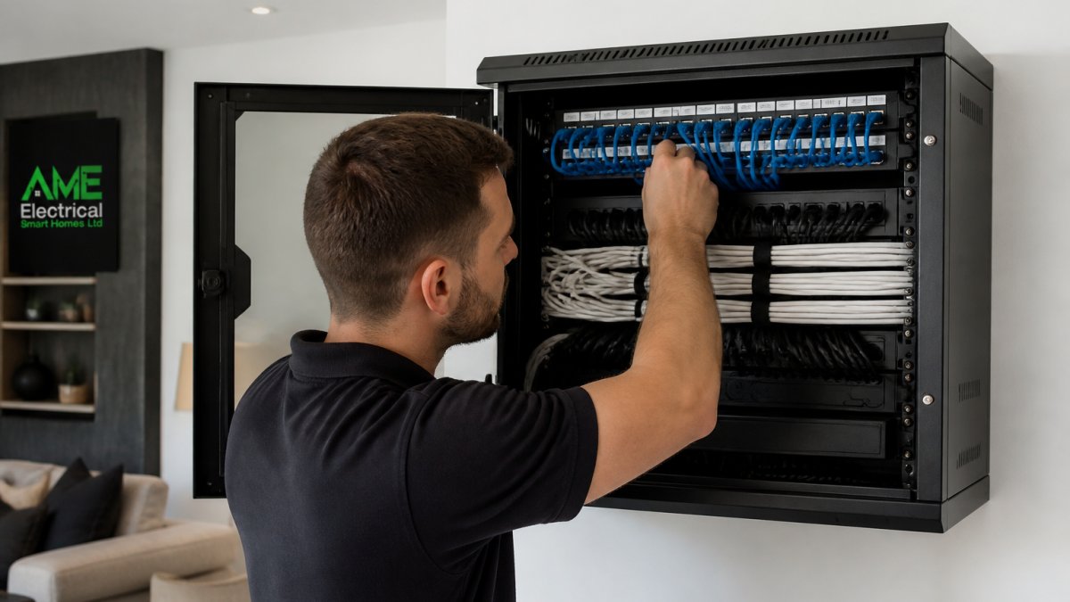 Professional technician installing and organising cables in a wall-mounted network cabinet in a modern luxury home, showing neatly labelled connections and organised infrastructure