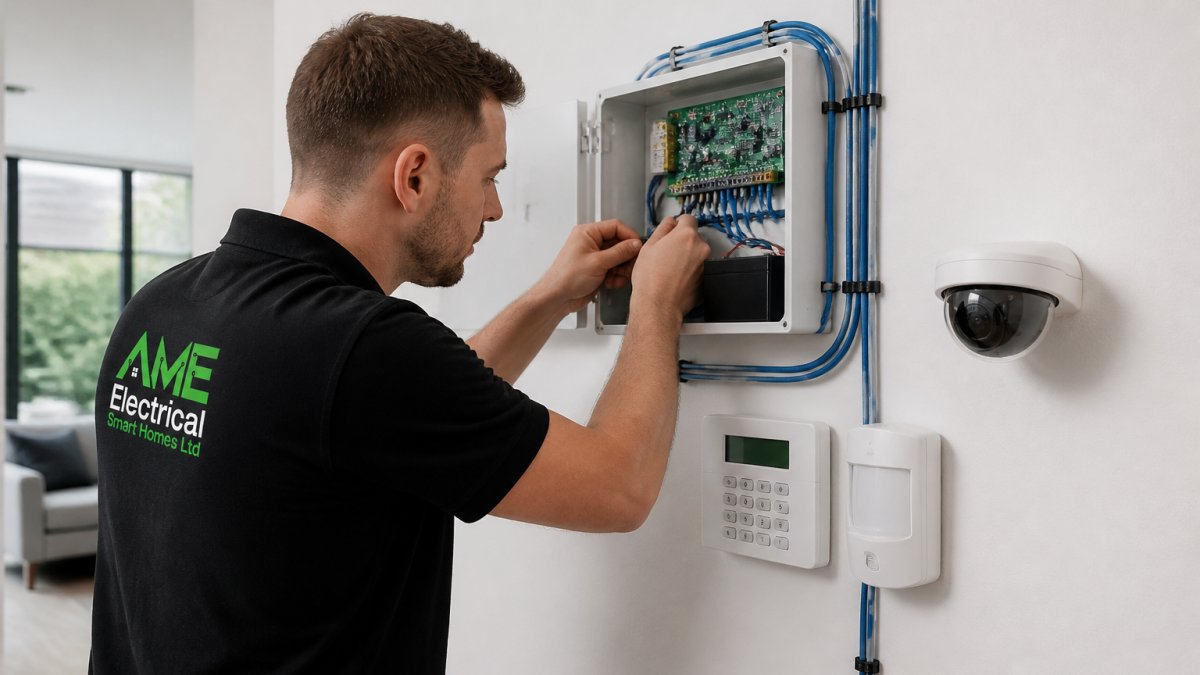 Professional electrician installing wired security components in a modern home, showing cable runs and control panel setup with organized cable management